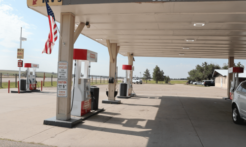 View of covered gas pumps at the Conoco Gas Station